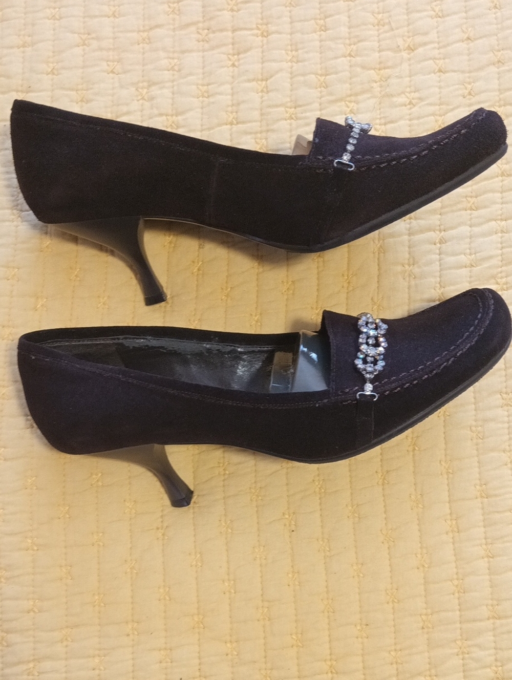 Women’s Brown Suede Kitten Heel Loafers with Crystal Accent